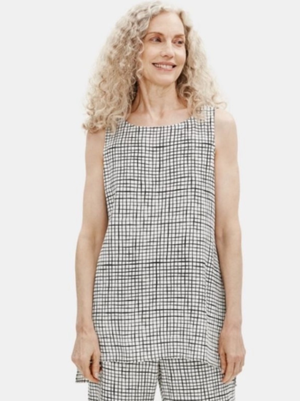 Eileen Fisher Black and White Checkered Sleeveless Tunic Top Blouse